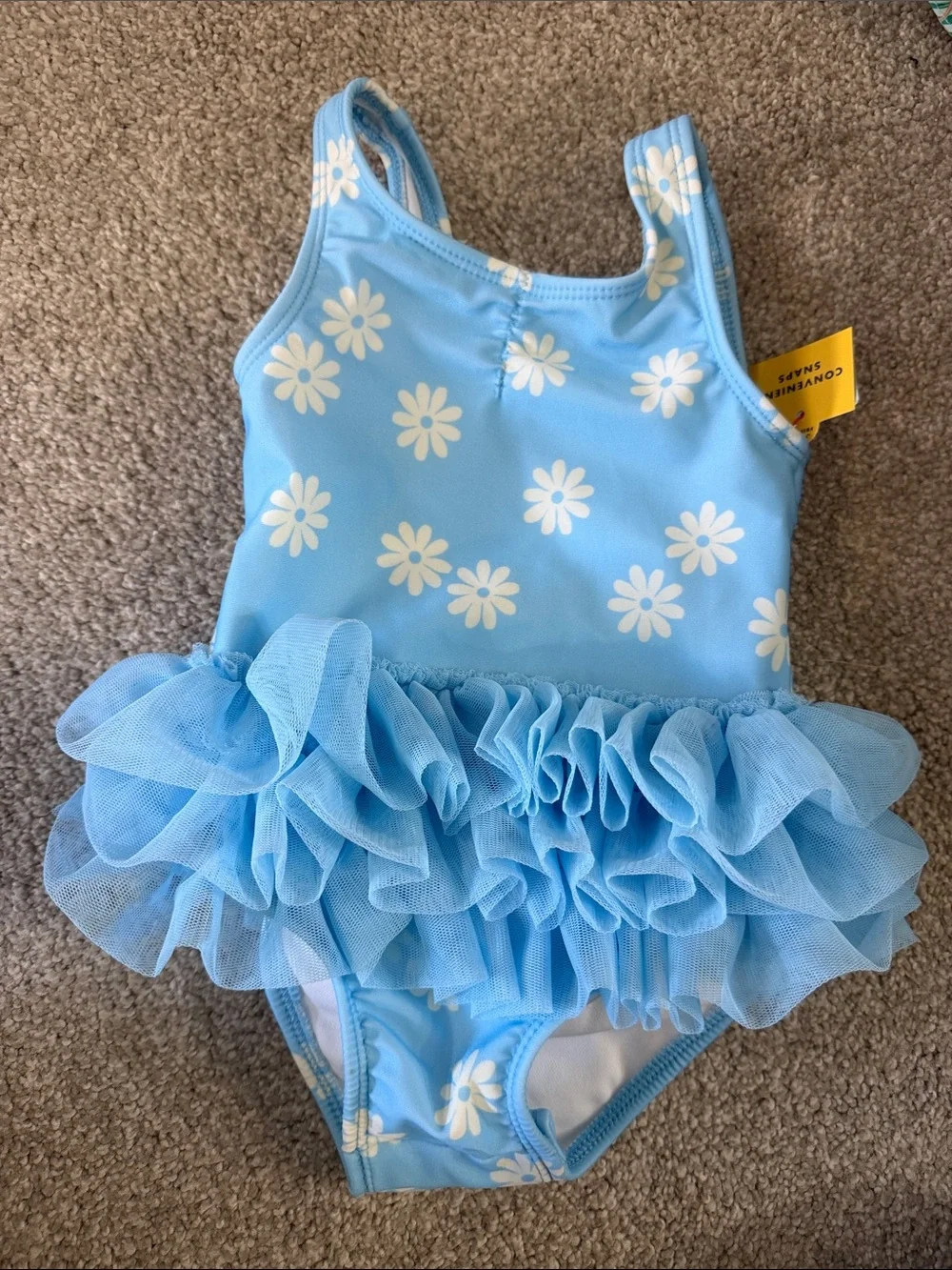 NWT Infant Girls Blue Daisy Ruffle One-Piece Swimsuit size 12 month